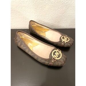 Womens Michael Kors Ballet Flats Brown Gold Logo Slip On Shoes 6.5 Twee Luxury